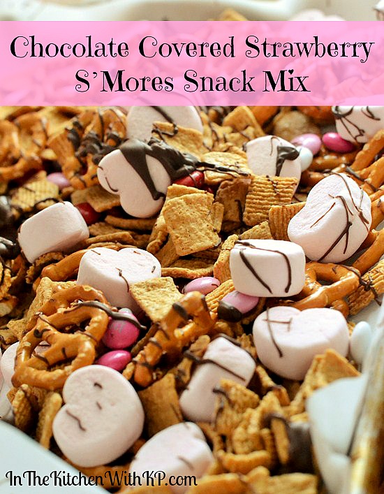 Chocolate Covered Strawberry SMores Snack Mix #recipe www.InTheKitchenWithKP 1