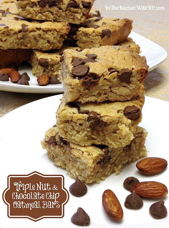 Triple Nut and Chocolate Chip Oatmeal Bars www.InTheKitchenWithKP #recipe #healthy